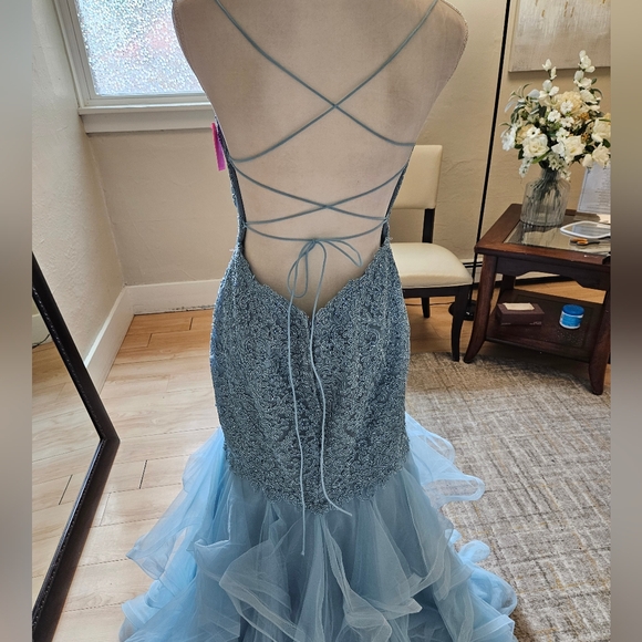 Size 12 (tag 14) light blue lace up crystal lace layered mermaid gownSherri Hill - Picture 5 of 9